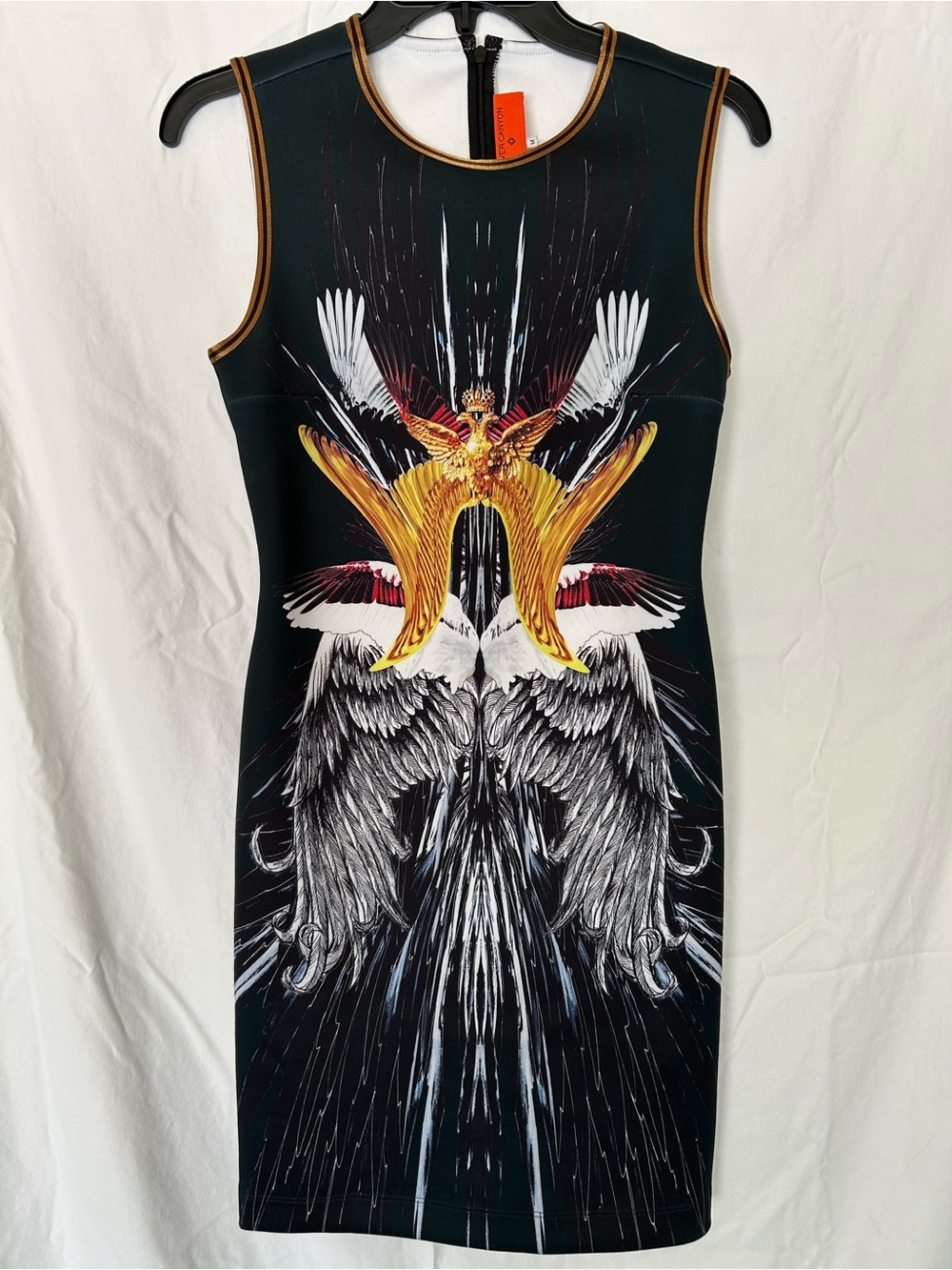 Clover Canyon Black Midi Dress with Gold and White Wing Graphic